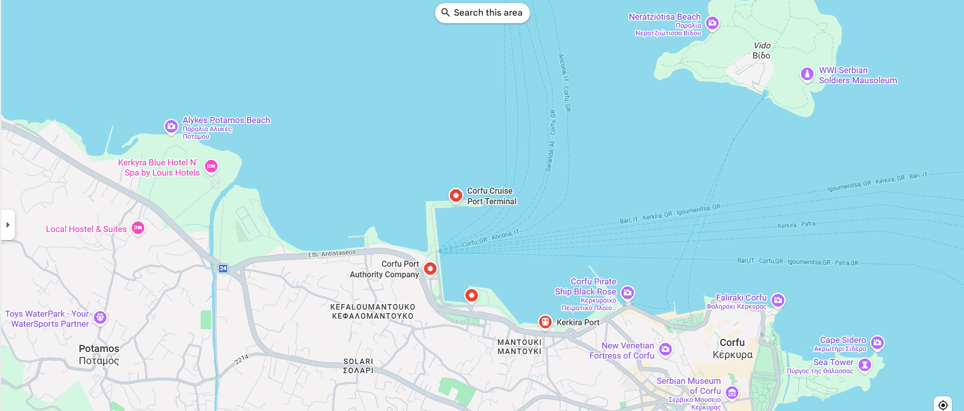 Map showing Corfu Port in Greece