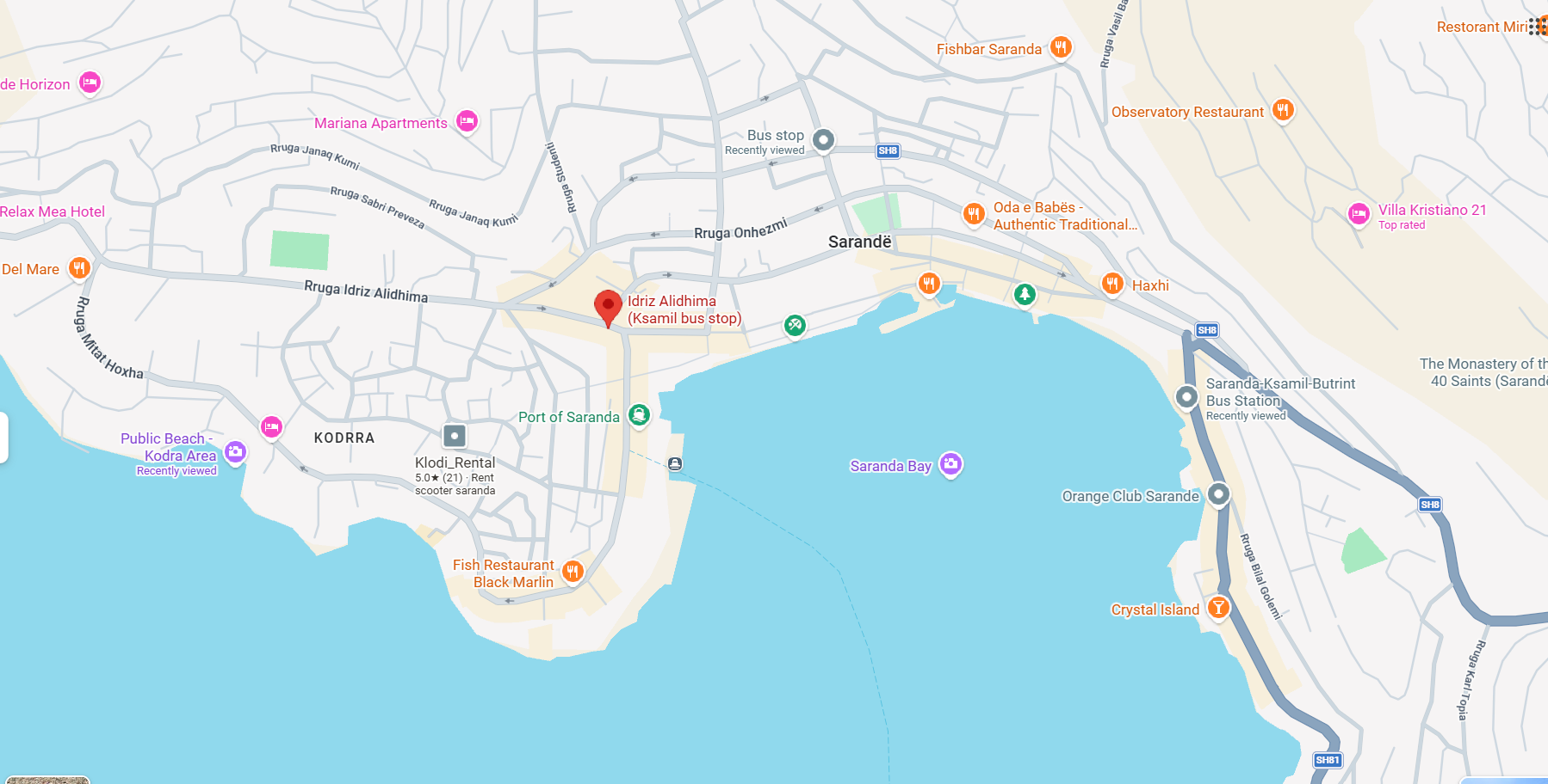 Map showing the Saranda bus stop near the ferry terminal