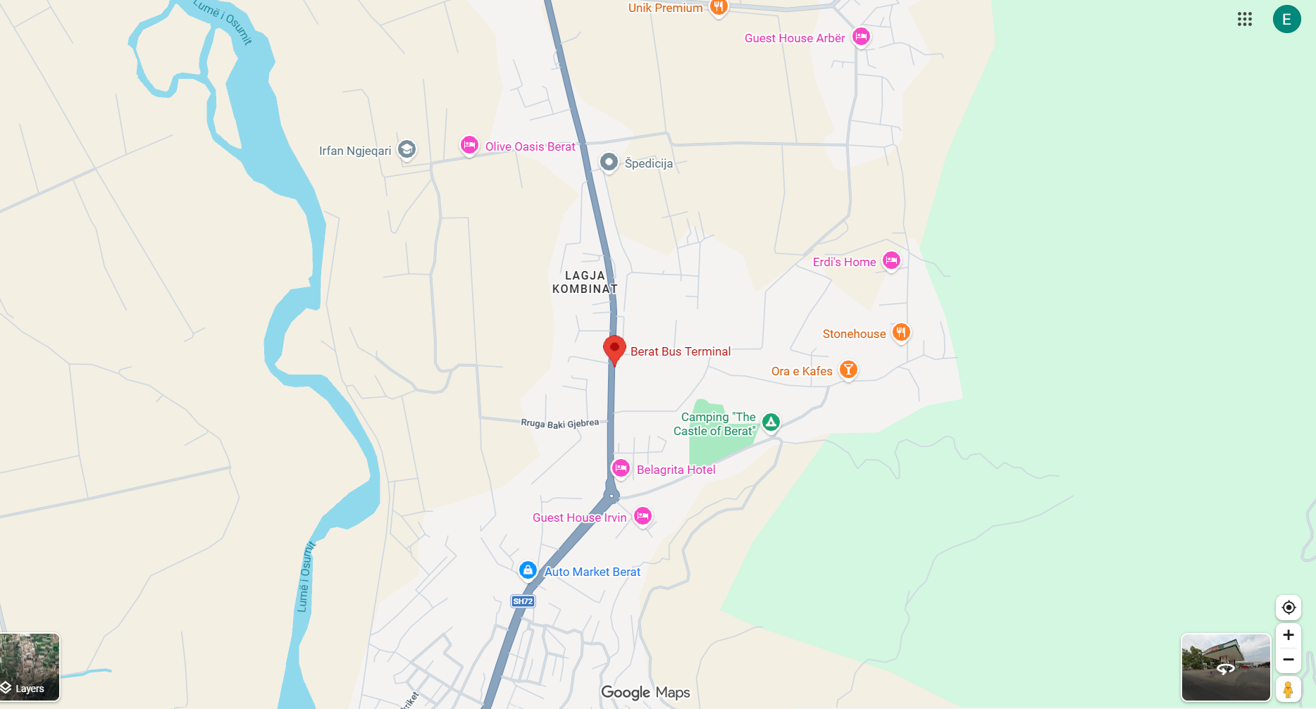 Google Maps showing the Berat Bus Terminal in Albania
