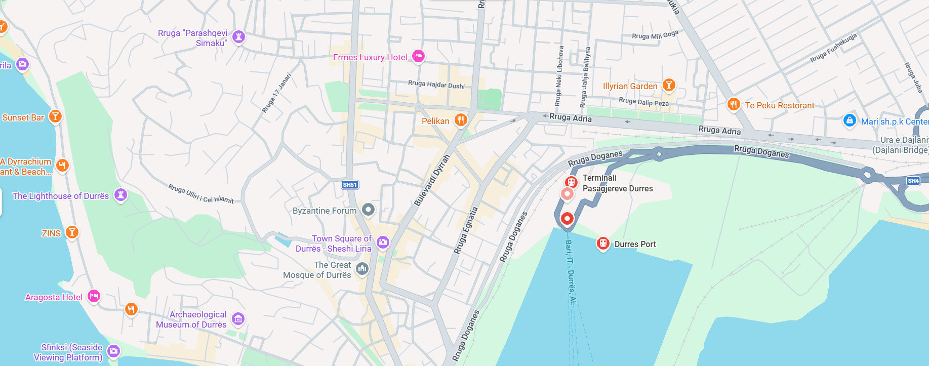 Map showing the ferry port in Durrës